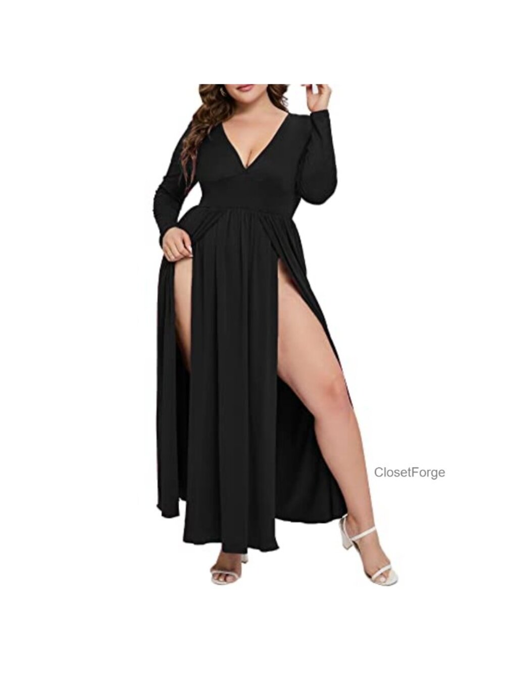 Plus Size Double High Slit Maxi Dress Deep V Neck Party Club